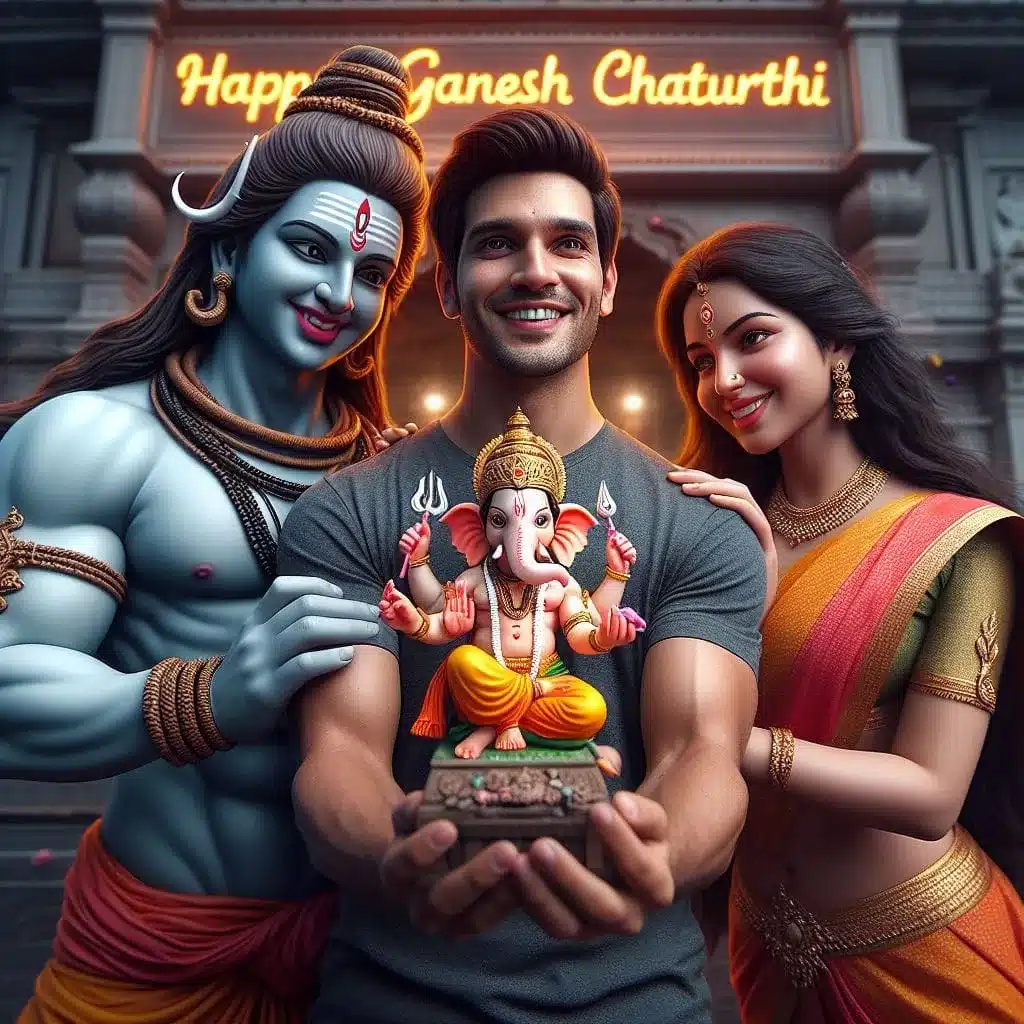 Photos of a boy with Shiva and Parvati holding a Ganesha idol in his hand.