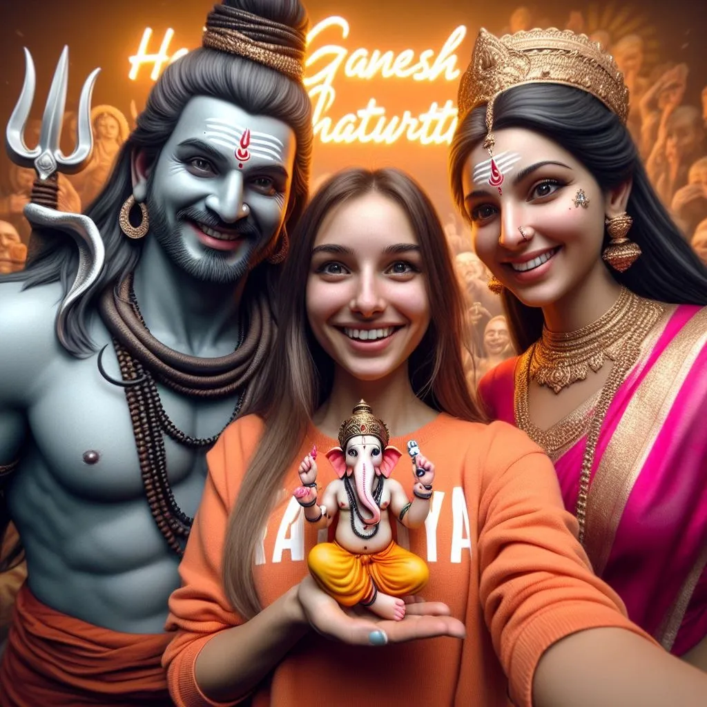 A Girl holds a Ganesha idol with Shiva and Parvati
