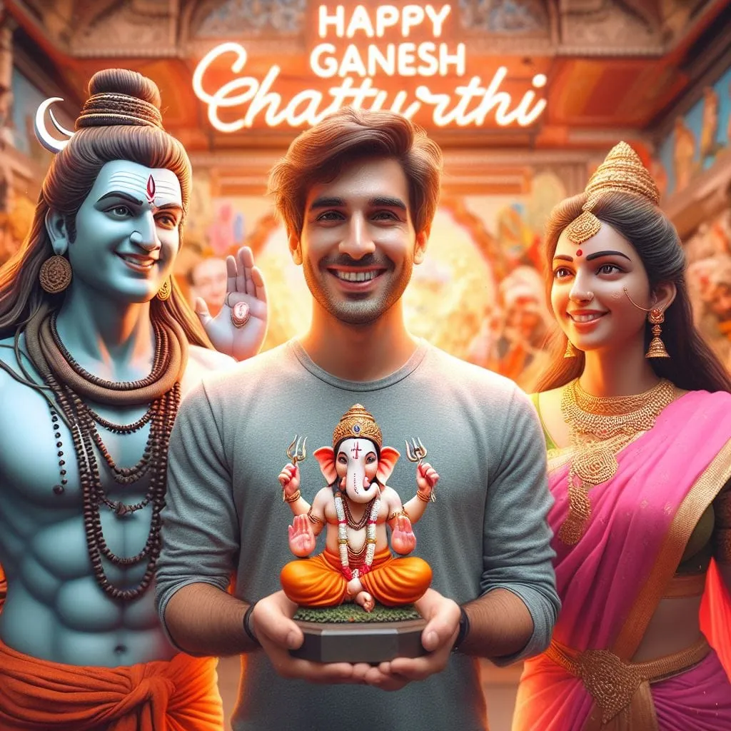 Photos of a boy with Shiva and Parvati holding a Ganesha idol in his hand.