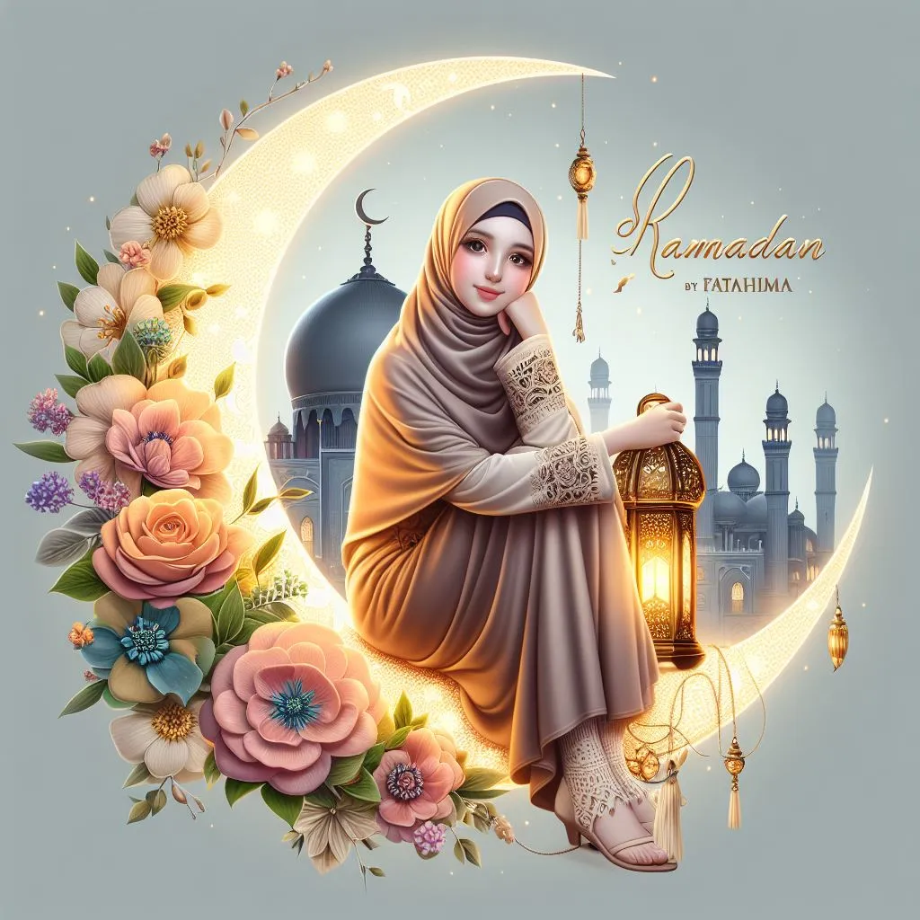 AI Ramadan Mubarak Girl with Flower Moon Image