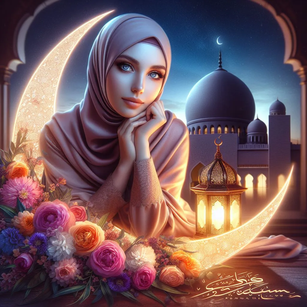 AI Ramadan Mubarak Flower Moon With Girl