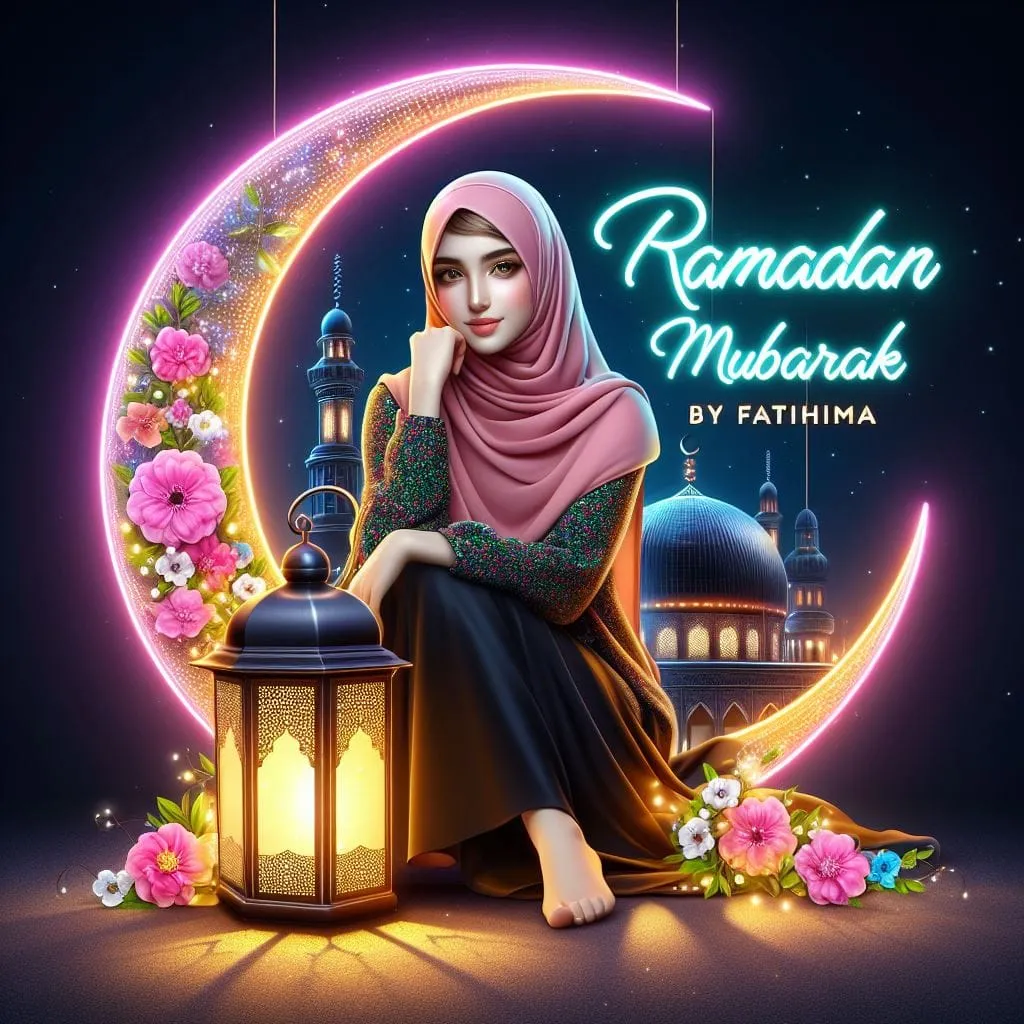 AI Ramadan Mubarak Girl with Flower Moon Image