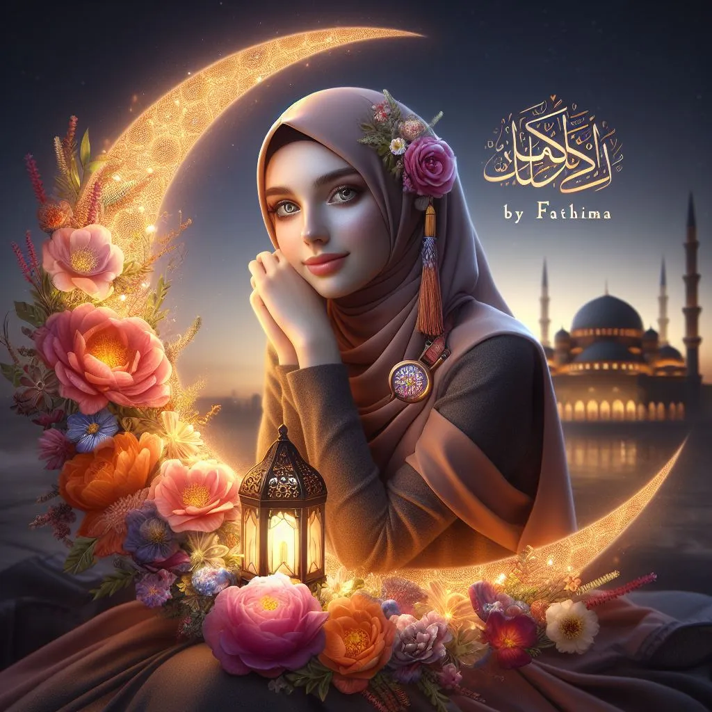 AI Ramadan Mubarak Flower Moon With Girl