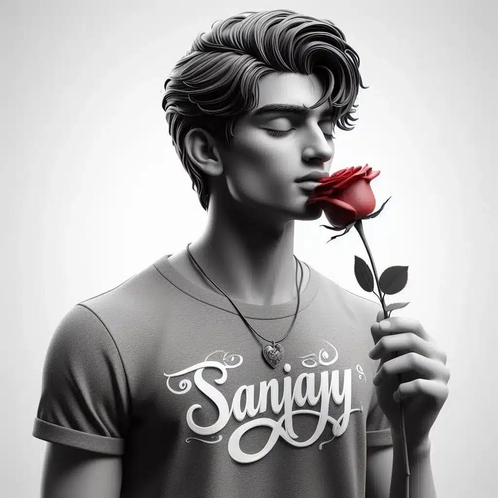 A handsome young man kisses a red rose.