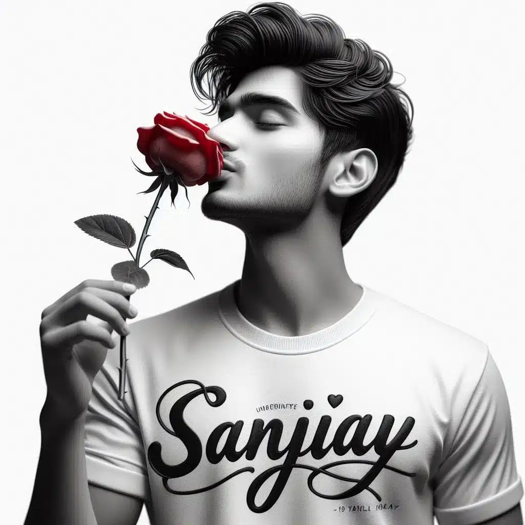 A handsome young man kisses a red rose.