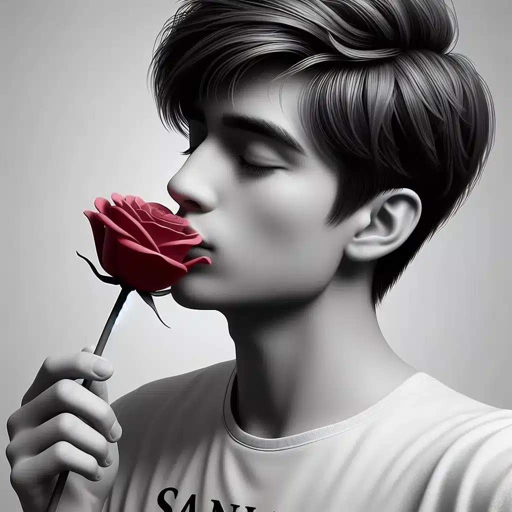 AI Young Boy Kisses a Red Rose Photo