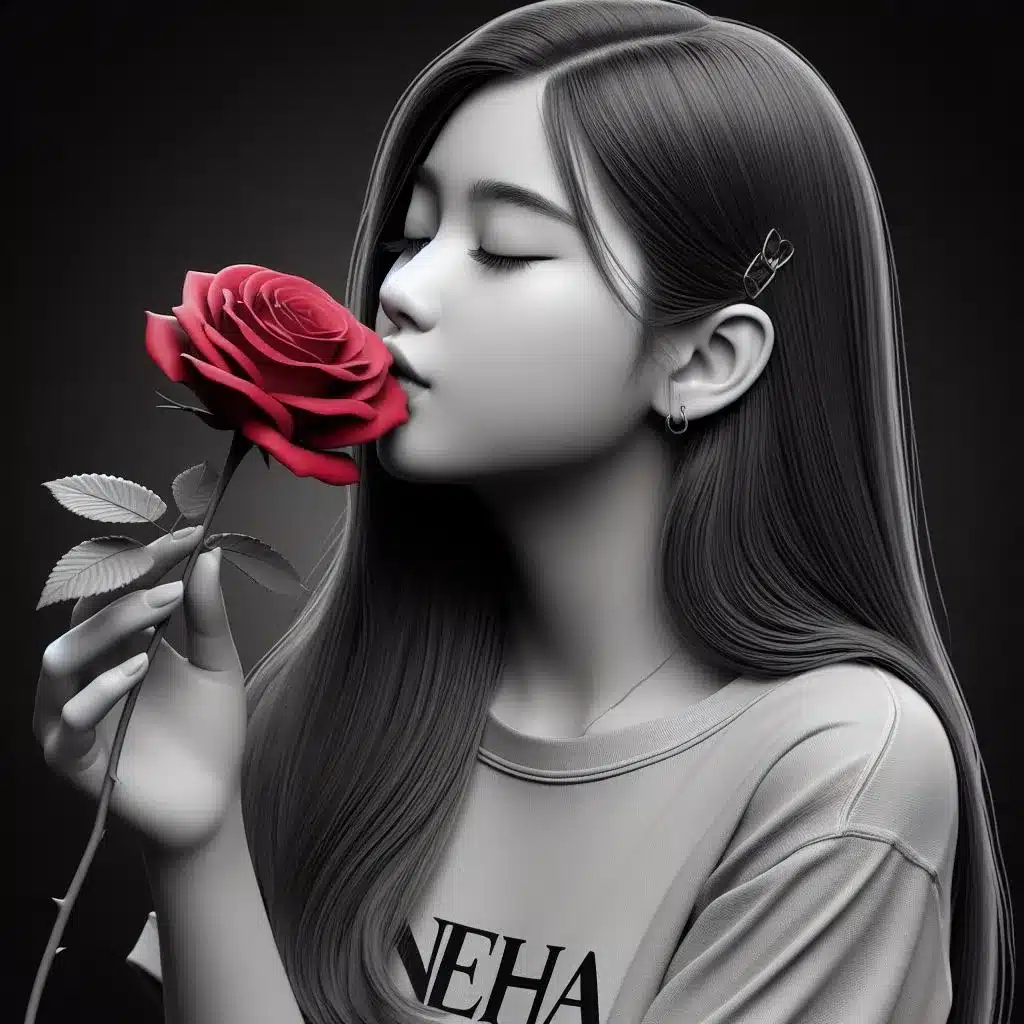 AI Young Girl Kisses a Red Rose Image