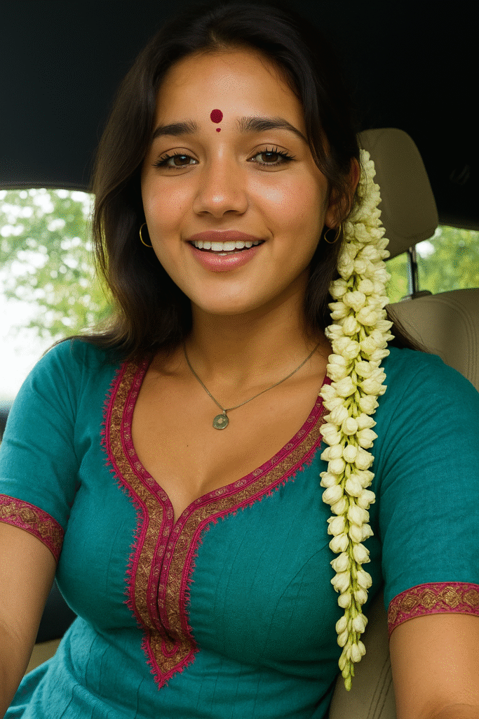 A young woman with long dark hair, adorned with a long string of white flowers trailing down her left side, is smiling directly at the viewer. She is wearing a teal-colored top with short sleeves and a V-neckline, embellished with a red and gold patterned border around the neck and sleeves. A prominent red bindi is on her forehead, and she has a delicate necklace with a round pendant. Small hoop earrings are visible in her ears. She appears to be seated in a car, with a blurred car interior and green foliage visible in the background.