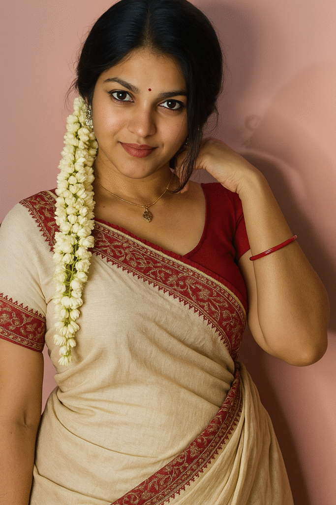 A medium shot captures a woman looking at the viewer with a slight smile. She has dark hair, styled partly pulled back, with a long string of white flowers cascading over her left shoulder. A small red bindi is visible on her forehead. She is wearing a light cream or off-white saree with a rich red and gold embroidered border, and a contrasting dark red blouse with short sleeves. A single red bangle is on her right wrist, and a delicate gold chain with a small pendant is visible around her neck. Her right hand is raised to her hair, as if adjusting it. The background is a plain light pink wall. The lighting is soft and even, highlighting her features and the details of her attire.