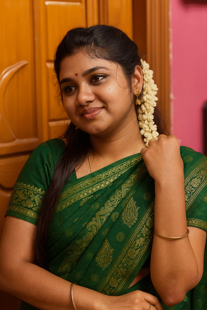 An Indian woman with a warm smile, looking slightly to her right. She has dark hair adorned with a long string of white jasmine flowers cascading over her left shoulder. She is wearing a dark green saree with intricate golden patterns on the borders and a matching short-sleeved blouse. She wears gold earrings and two simple gold bangles, one on each wrist. Her left hand is raised, gently touching her hair near the flowers. A small red bindi is on her forehead. The background features a wooden door on the left and a pink wall on the right.