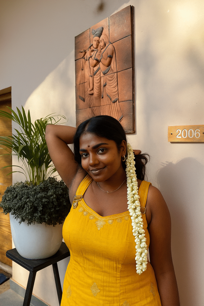 A medium shot captures a woman standing indoors, looking directly at the viewer with a slight smile. She has dark skin and dark hair, with a long string of white flowers woven into the left side of her hair, draped over her shoulder and extending down. Her right arm is raised, with her hand touching the back of her head, and her left arm is down by her side. She is wearing a bright yellow dress with thin straps, a V-neckline, and subtle gold embroidery on the bodice and a small pattern near the bottom. Behind her to the left is a potted plant with dark green foliage in a white pot on a dark stand. Directly behind her is a brown, carved wooden wall art piece depicting two figures. To her right, on the wall, there's a small wooden plaque with "2006" inscribed. The lighting is warm and ambient.