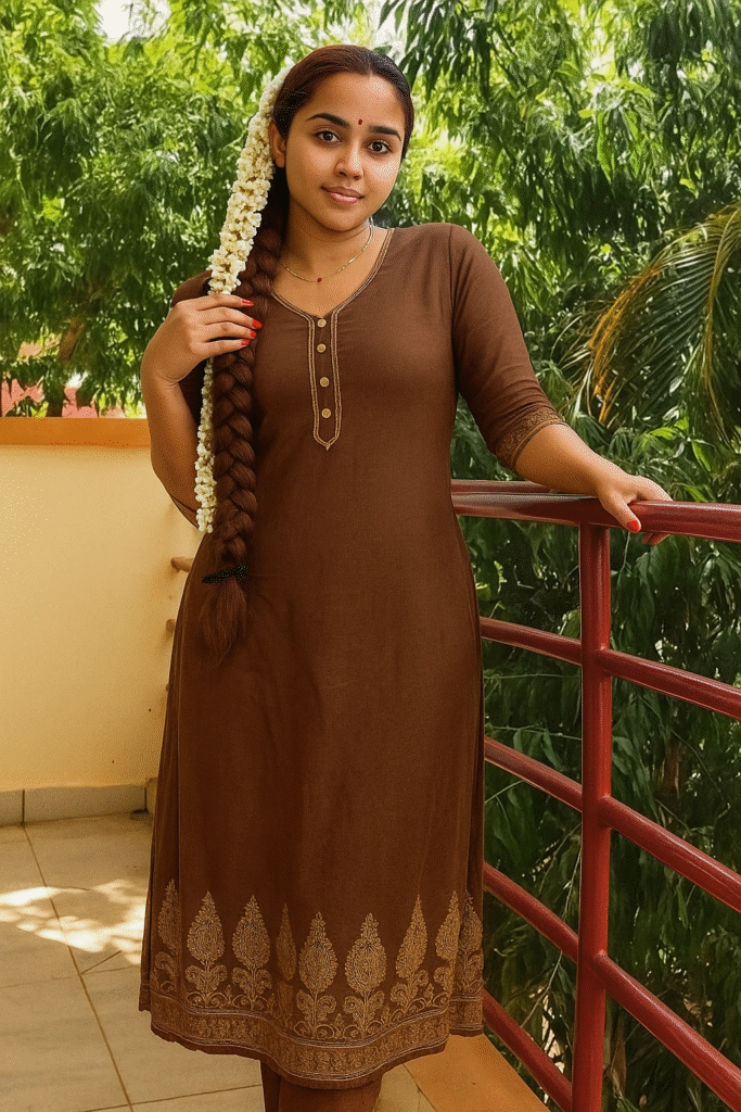 A young woman with long, braided dark brown hair, adorned with a long string of white jasmine flowers, stands on a balcony. She is wearing a brown knee-length dress with a V-neckline, three buttons on the bodice, three-quarter sleeves, and a gold patterned border at the hem. She has a subtle gold chain around her neck and her fingernails are painted red. Her right hand is gently holding the braided part of her hair with the flowers. Her left hand rests on a red railing, and behind her, lush green trees are visible, suggesting an outdoor setting. She is looking directly at the viewer with a soft expression.