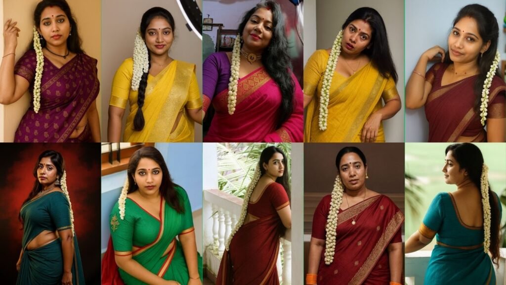 A grid of nine individual portraits of Indian women, each wearing a saree and traditional hair adornments, primarily gajra (strands of white jasmine flowers). Top Row (left to right): A woman in a purple saree with gold patterns, posing with her hand near her head, looking at the viewer. A bindi is on her forehead, and jasmine flowers are woven into her hair. A woman in a bright yellow saree with a subtle gold border, looking at the viewer with a slight smile. Jasmine flowers are visible in her braided hair. A woman with graying hair, wearing a vibrant pink saree and a purple blouse, looking towards the right with a smile. She has a choker necklace and jasmine flowers in her hair. A woman in a mustard yellow saree, with a bindi and possibly vermillion on her forehead, looking upward with a somber expression. Jasmine flowers are draped over her hair. A woman in a deep maroon saree, subtly smiling and looking over her shoulder at the viewer, with jasmine flowers in her hair. Bottom Row (left to right): A woman in a dark teal saree, with a bindi and possibly vermillion on her forehead, looking slightly to the side against a dark, reddish background. Jasmine flowers are in her hair. A woman in a vibrant green saree with a red border, looking towards the left with a neutral expression. Jasmine flowers are in her hair. A woman in a deep maroon saree with a gold border, seen from the back, looking over her shoulder towards the right. She is on a balcony with white railings and green foliage in the background. Jasmine flowers are in her hair. A woman in a deep maroon saree with gold intricate patterns, looking directly at the viewer with a neutral expression. She has a bindi, a gold chain, jhumka earrings, and orange bangles on her right wrist. A long strand of jasmine flowers is draped over her left shoulder. A woman in a teal saree, seen from the back, looking over her shoulder towards the right. She has jasmine flowers in her hair, and a soft, blurred green background behind her.