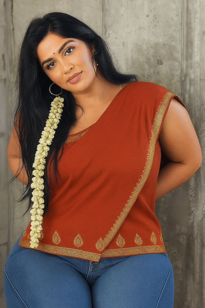 A woman with long, dark hair, adorned with a long string of white flowers draped over her left shoulder, poses against a textured grey wall. She is wearing an earthy-toned, rust-colored top that resembles a saree pallu draped over one shoulder, featuring a gold patterned border and gold leaf motifs along the hem. She is also wearing blue jeans. She has a small yellow bindi on her forehead and is looking towards the viewer with a slight smile. Large hoop earrings are visible on both ears.