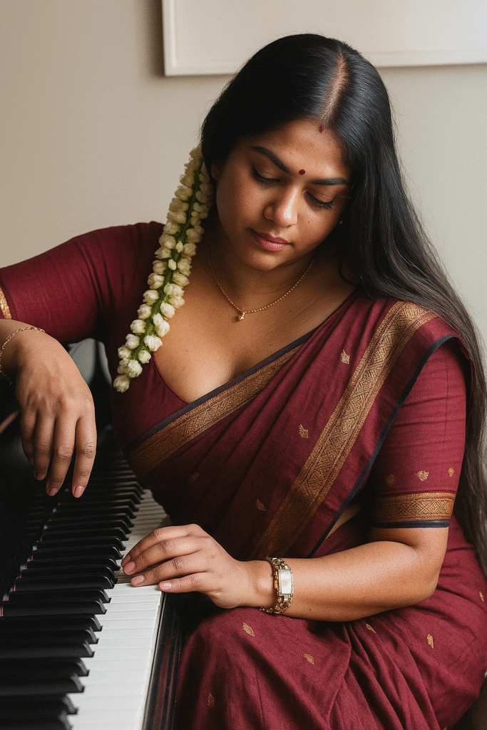 A woman with long, dark hair, adorned with a string of white flowers on her left side, is seated and looking down at the keys of a piano. She is wearing a dark red saree with a gold and black patterned border and a matching V-neck blouse. She has a small red bindi on her forehead, a delicate gold necklace with a small pendant, and a watch on her right wrist. Her hands are positioned over the black and white piano keys. The background is a plain, light-colored wall.