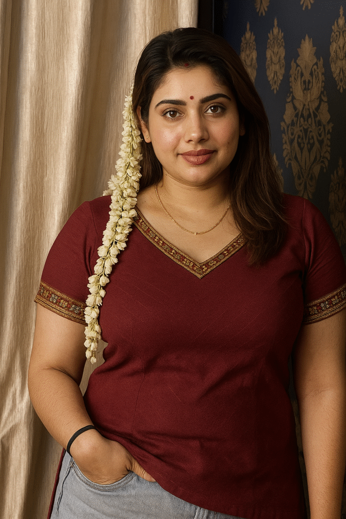 A woman with brown hair, adorned with a long string of white flowers on her left side, stands looking directly at the viewer with a slight smile. She is wearing a maroon V-neck top with intricate gold and red embroidery around the neckline and sleeves, paired with light-colored jeans. Her right hand is in her jeans pocket, and a black hair tie is visible on her left wrist. A small red bindi is on her forehead, and she has a delicate gold chain around her neck. The background features a textured light brown curtain on the left and a dark blue wall with a subtle pattern on the right.