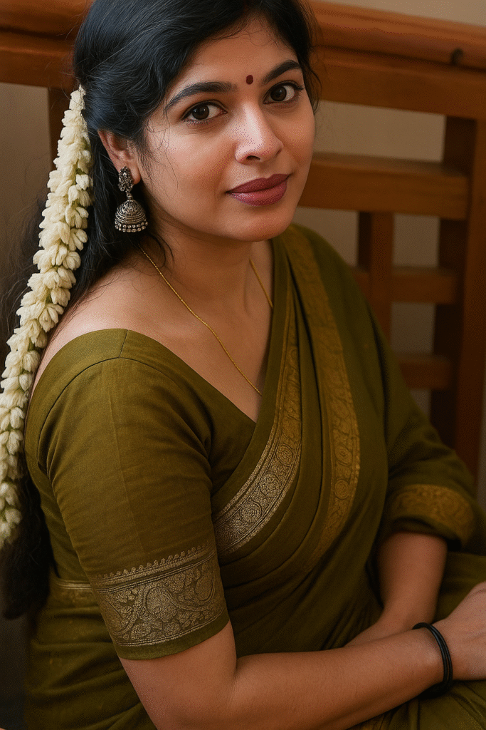 A woman with long, dark hair, adorned with a string of white flowers cascading down her left side, looks towards the camera with a subtle smile. She is wearing an olive-green saree with a gold patterned border, and a matching short-sleeved blouse. A small red bindi is on her forehead. She is wearing intricate silver jhumka earrings and a delicate gold chain around her neck. Her left arm is visible, with a black band around her wrist. The background is blurred, showing hints of a wooden structure.