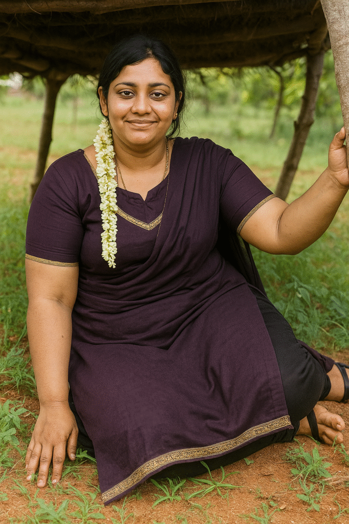A full-body shot captures a woman sitting on the ground outdoors, smiling gently at the viewer. She has dark hair, with a long string of white flowers cascading over her right shoulder. She is wearing a dark purple top or kurta with gold trim around the neckline and hem, and dark pants or leggings. Her left hand is resting on the ground, and her right hand is holding onto a wooden post. The background shows an outdoor setting with green foliage and the base of a rustic shelter or structure. The lighting is natural and bright.