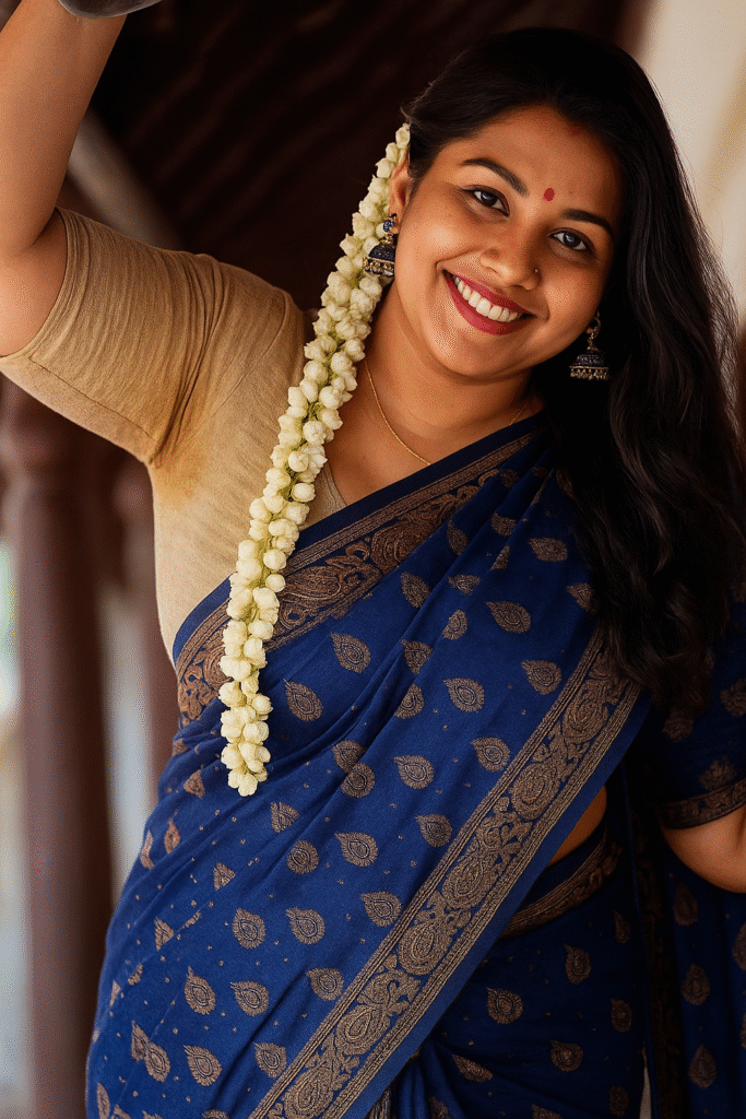 A smiling woman with long dark hair, adorned with a long string of white flowers cascading down her left side, looks directly at the camera. She is wearing a deep blue saree with a gold and black paisley pattern and a gold border, over a light brown blouse. A red bindi is on her forehead, and she has dark red lipstick. She is wearing silver jhumka earrings and a delicate gold necklace. Her right arm is raised, with the elbow bent, and part of a light-colored pillar is visible behind it. The background suggests an outdoor or semi-outdoor traditional setting with blurred wooden elements.