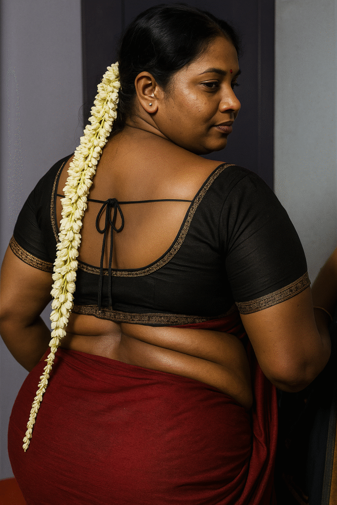 A back-facing shot captures a woman from the waist up, slightly turned to her right, looking into the distance. She has dark skin and her hair is pulled back, adorned with a very long string of white and yellow flowers that reaches down her back. She is wearing a black blouse with a gold patterned trim along the neckline and sleeves, tied at the back with a black string. Below the blouse, she is wearing a dark red saree. The background is a soft blend of grey and purple tones. The lighting is even and highlights the textures of her clothing and the flowers in her hair.