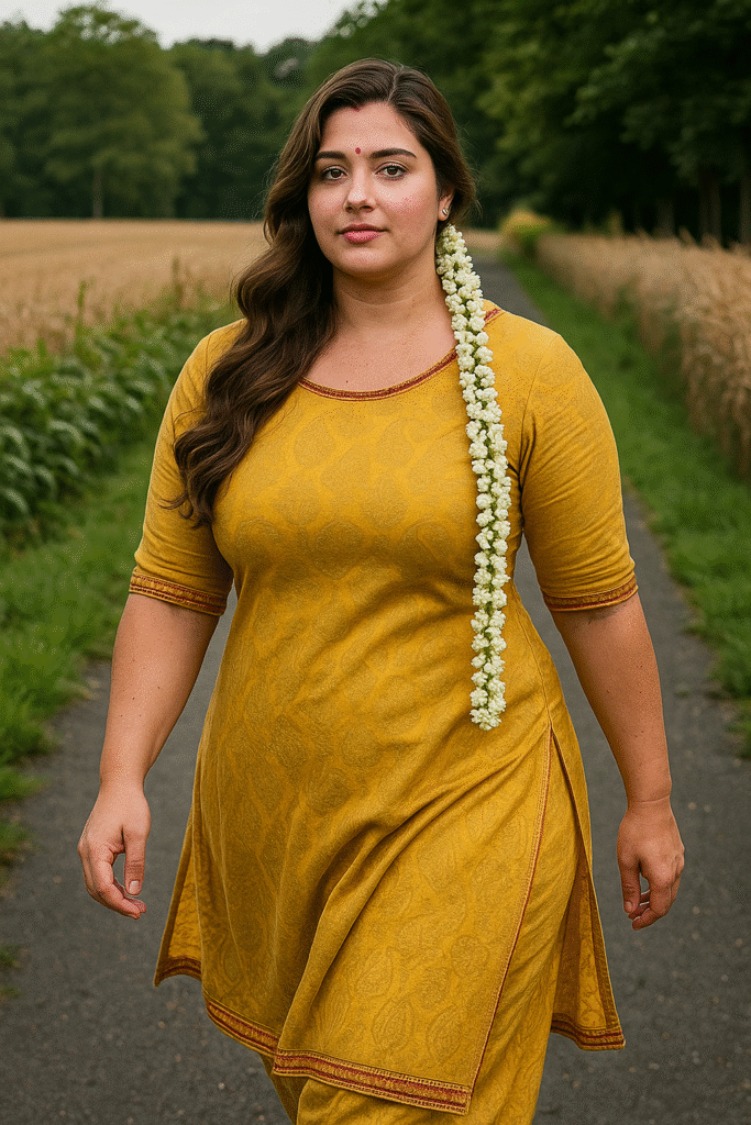 A woman with long wavy dark hair, a red bindi on her forehead, and a long string of white jasmine flowers draped over her left shoulder. She is wearing a mustard yellow kurti with subtle patterns, three-quarter sleeves, and rust-colored trim along the neckline, sleeves, and hem. She is walking towards the viewer on a narrow path with green grass and fields of golden crops on either side. Trees are visible in the blurred background. She has a serious expression and is looking directly at the camera.