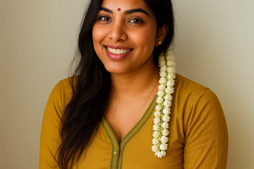 A medium shot captures a woman sitting outdoors, looking over her left shoulder towards the camera with a pleasant smile. She has dark hair styled in a bun, with a thick string of white jasmine flowers draped over her left shoulder and cascading down her back. She is wearing a teal green saree with a gold patterned border, and a matching blouse. A small red bindi is on her forehead, and a tiny nose piercing is visible on her left nostril. The background is blurred, showing a dirt ground with some scattered debris and what appears to be a white building and a dark structure in the distance on the right.