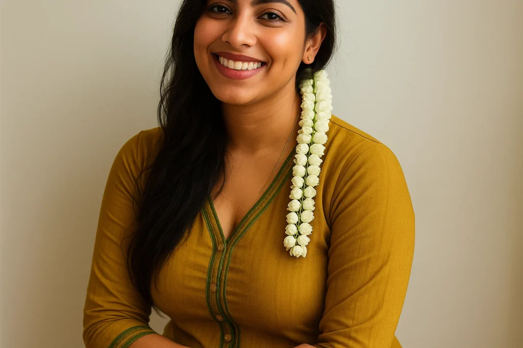 A medium shot captures a woman sitting indoors, looking directly at the camera with a cheerful smile. She has dark hair styled in a braid, adorned with a thick string of white jasmine flowers that cascades down her left side. She is wearing a green dress with a golden patterned border on the sleeves and a gold heart-shaped pendant on a simple gold chain around her neck. She wears red and gold bangles on her left wrist and a gold bracelet on her right. A red bindi adorns her forehead. The background is blurred, showing a bright window and some light-colored soft furnishings.