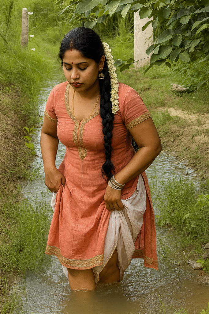 A woman with dark hair braided down her back, adorned with a white jasmine garland, is standing in a shallow stream. She is wearing a peach-colored kurti with gold embroidery around the neckline and a golden border along the hem, and she is holding up a white garment underneath her kurti. She has a red bindi on her forehead, a nose ring, and multiple silver bangles on her left wrist. Her eyes are cast downwards, and her expression is contemplative. The stream is surrounded by green grass and foliage, with a blurred structure in the background.
