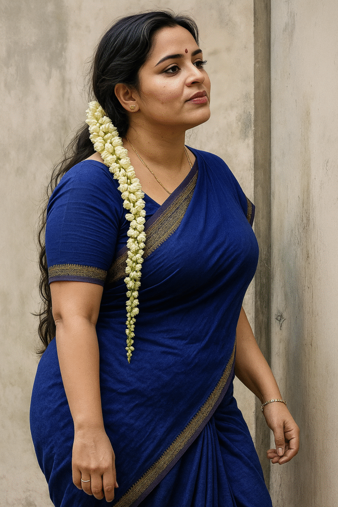 A woman with long dark hair, a small red bindi on her forehead, and a long string of white jasmine flowers draped over her left shoulder. She is wearing a deep blue saree with a subtle gold border and a matching short-sleeved blouse. She has a delicate gold chain around her neck and a ring on her right ring finger. She is looking to her right with a thoughtful expression. The background is a plain, light-colored wall.