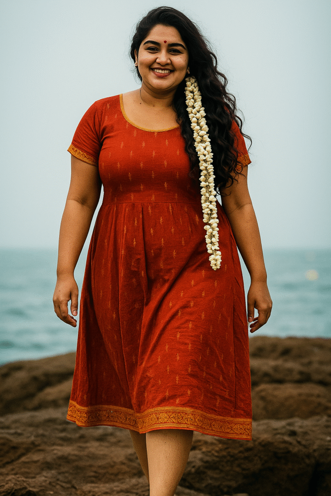 A smiling woman with long, dark, wavy hair, adorned with a long string of white jasmine flowers over her left shoulder. She is wearing a knee-length, short-sleeved, reddish-brown dress with subtle gold patterns on the bodice and a gold patterned border at the hem. She has a gold necklace and earrings, and a small bindi on her forehead. She is standing on rocky ground with a body of water behind her under an overcast sky.