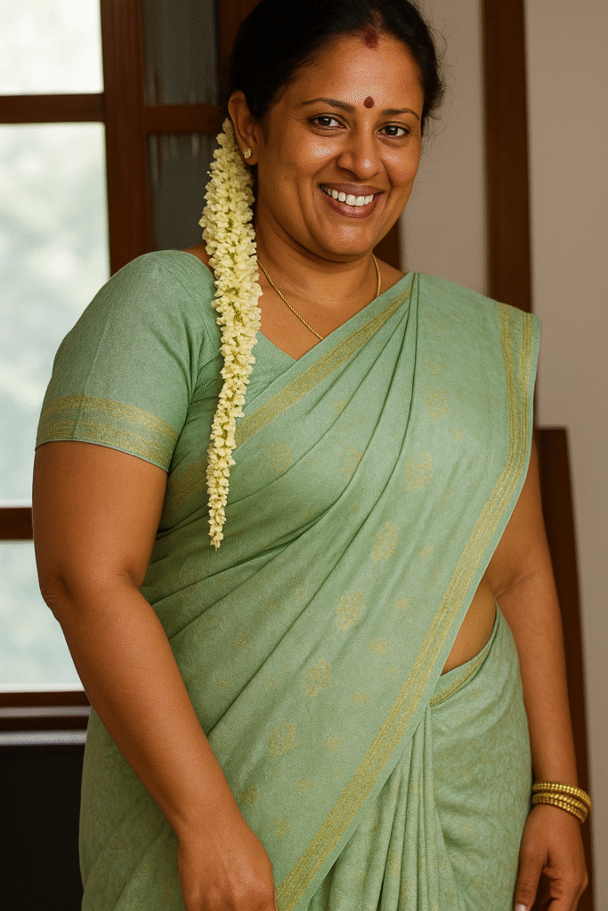 A smiling woman with dark hair pulled back, wearing a light green saree with a subtle gold border. She has a red bindi on her forehead and is wearing a delicate gold chain. A string of white jasmine flowers is tucked into her hair and draped over her left shoulder, extending down to her waist. On her right wrist, she wears several gold bangles. She is looking directly at the camera with a bright, friendly smile. The background shows a hint of a window frame or wooden paneling.