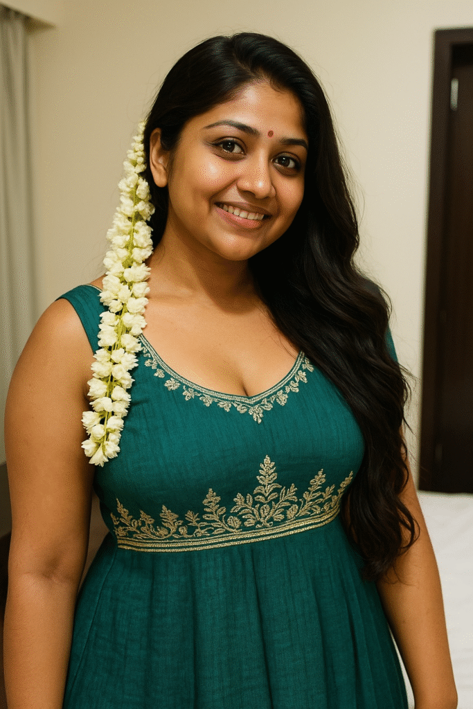 A young indian woman with long, wavy dark hair, adorned with a string of white flowers on her left side, smiles gently towards the camera. She is wearing a teal-colored dress with a scoop neckline and golden embroidered floral patterns on the bodice. A small red bindi is visible on her forehead. She is positioned slightly off-center to the left, with her shoulders and upper torso visible. The background is a soft, light-colored blur, suggesting an indoor setting.