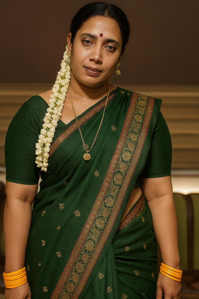 A medium shot captures a woman looking at the viewer with a neutral expression. She has dark hair, styled partly pulled back, with a long string of white flowers cascading over her left shoulder. A small red bindi is visible on her forehead, and a subtle red line is visible in the parting of her hair. She is wearing a deep forest green saree with an ornate red and gold patterned border, and a matching short-sleeved blouse. Delicate gold earrings dangle from her ears, and a long gold chain with a round pendant is visible around her neck. On her right wrist, she wears multiple bright yellow bangles. Her hands are not visible. The background is softly blurred, showing an indoor setting with muted colors. The lighting is soft and even, highlighting the details of her attire.