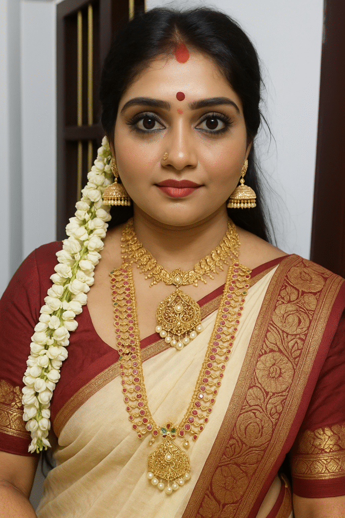 A headshot of a woman facing slightly right, looking directly at the viewer with a neutral expression. She has dark hair, styled with a long string of white jasmine flowers on the left side of her head, extending over her shoulder. She is wearing a cream-colored saree with a red and gold border, and a deep red blouse. Her face is made up with winged eyeliner, defined eyebrows, and reddish-pink lipstick, and she has a red bindi on her forehead and a small nose ring. She is adorned with elaborate gold jewelry, including large jhumka earrings, a choker necklace, and a longer, intricate necklace featuring a large pendant with pearls and red stones. The background is a soft, dark blur.