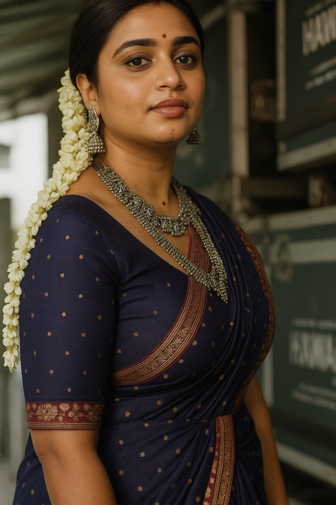A woman with dark hair pulled back, adorned with a long string of white jasmine flowers draped over her left shoulder, looks slightly upwards and to her right with a gentle expression. She is wearing a dark blue saree with red and gold patterned borders and a matching dark blue blouse with subtle gold dots. She is adorned with intricate silver jewelry, including large jhumka earrings and a multi-layered necklace with textured beads. A small red bindi is on her forehead. The background is blurred, showing a muted, somewhat rustic wall or structure.