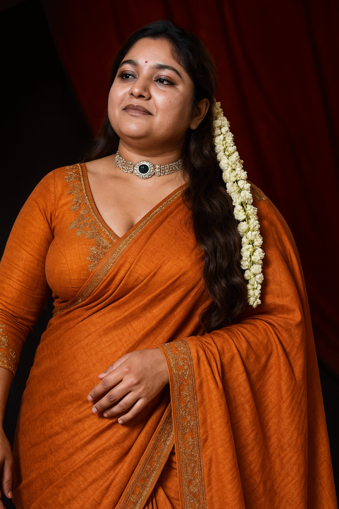 A woman with long, dark, wavy hair, adorned with a string of white jasmine flowers over her left shoulder, looks up and to her left with a serene expression. She is wearing an earthy orange or rust-colored saree with delicate gold embroidery along the border and on the neckline of her long-sleeved blouse. Around her neck, she wears a silver choker necklace with a large dark green stone at its center. Her skin has a warm tone. The background is a blurred dark reddish-brown, possibly a curtain or drape.