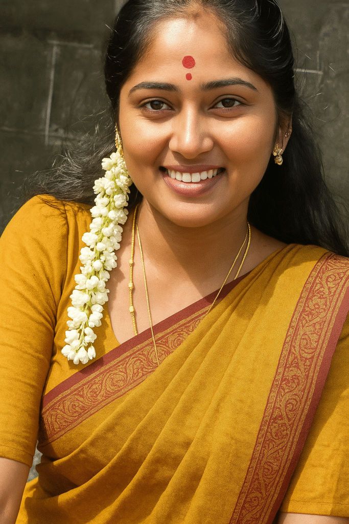 A young woman with dark hair pulled back, looks down and smiles gently. Two long strands of white jasmine flowers are draped over her shoulders, framing her face. She is wearing a mustard yellow top and a thin gold chain around her neck. A small red bindi is on her forehead. The background is a soft, light green wall with a dark framed picture and a light switch visible.