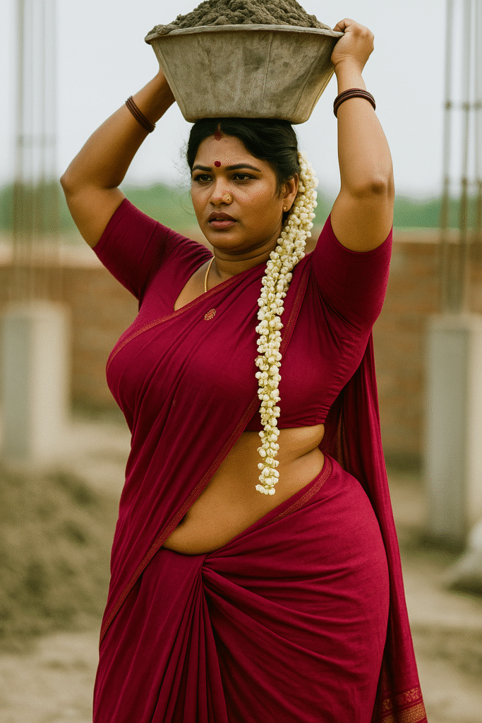 A woman with dark skin and dark hair, wearing a deep red saree with a subtle border, carries a large, shallow metal bowl filled with dirt or sand on her head. Her midriff is exposed. A long string of white jasmine flowers is draped over her right shoulder, extending past her waist. She has a small red bindi on her forehead, a gold nose stud, and a thin gold chain around her neck, with bangles on both wrists. She looks slightly to her left with a serious expression. In the blurred background, there's a construction site with some unfinished structures.