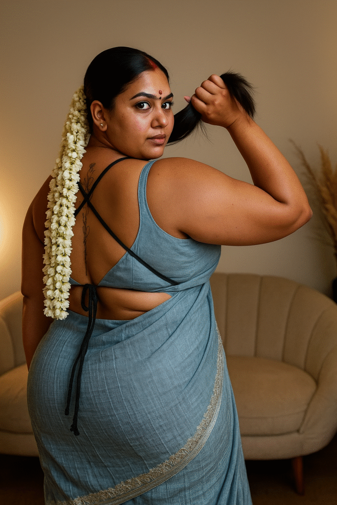 A woman with dark hair pulled into a ponytail, looking over her right shoulder directly at the viewer, while holding the ponytail with her right hand. She is wearing a light blue or grey-blue saree draped to reveal her back and shoulders, with black straps crisscrossing her back. A long string of white jasmine flowers is draped over her left shoulder and extends down her back. A small red bindi is on her forehead and a nose stud is visible. A faint tattoo is on her upper back. The background shows a blurred indoor setting with a light-colored sofa and some decorative elements.