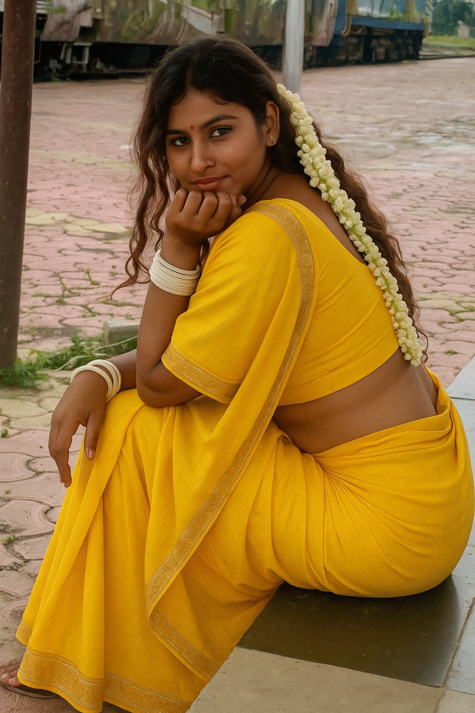 A young Indian woman sits on the ground, wearing a vibrant yellow saree. She has long, dark, curly hair adorned with a string of white flowers trailing down her back. Her right arm is bent, and her hand is resting on her chin, with white bangles adorning her wrist. She is looking towards the viewer with a slight smile. The background is a muted, light-colored paved area, possibly a platform, with some indistinct structures in the far background.