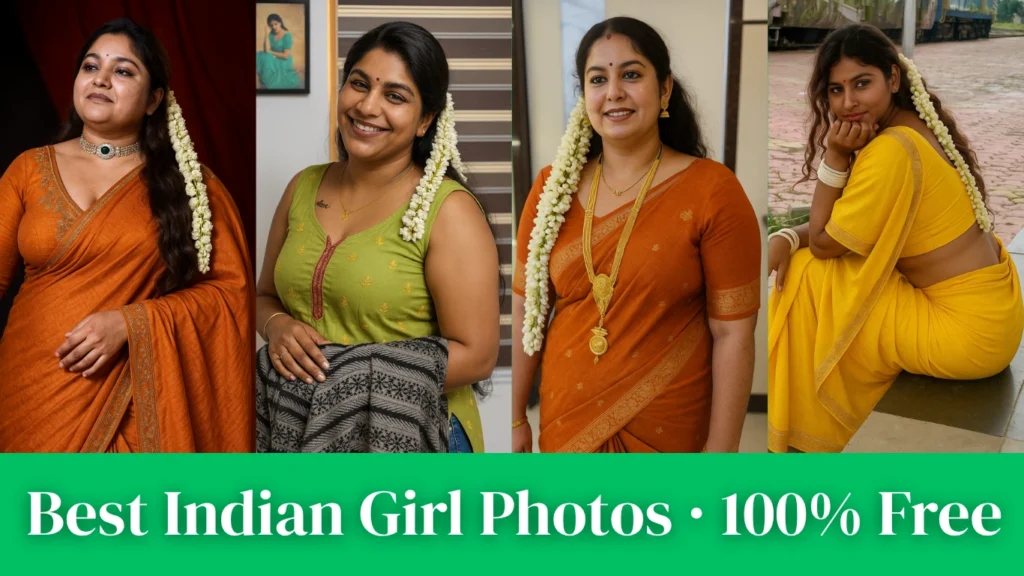 A horizontal collage of four images of Indian women. From left to right: A woman in an orange-brown saree with a silver necklace, looking to her left. White flowers are woven into her hair. A woman in a green top and jeans, smiling broadly, with white flowers in her hair. She is holding a patterned cloth. A woman in an orange-brown saree with a long, golden necklace, smiling directly at the viewer. White flowers are in her hair. A woman in a yellow saree, sitting with her hand on her chin, looking towards the viewer with a slight smile. White flowers are woven into her hair. Below the four images, there is a green banner with white text that reads "Best Indian Girl Photos • 100% Free".