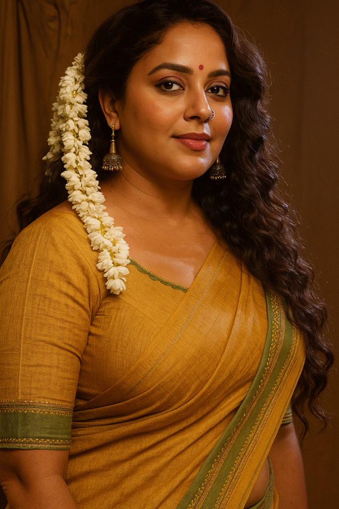 An Indian woman with a wide smile, wearing a traditional green saree with gold borders and a matching blouse. Her hair is adorned with a long garland of white jasmine flowers draped over her left shoulder. She is sitting with her hands resting on her knees, looking directly at the viewer. She wears gold earrings and a gold bangle on her right wrist, and a small tattoo is visible on her left wrist. A red bindi is on her forehead. The background features a light-colored wall and a dark wooden object.