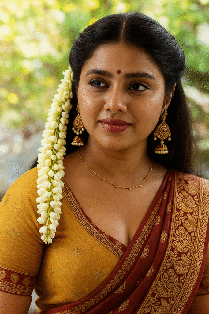 A young Indian woman with dark hair, styled with a side part and some strands pulled back, stands outdoors, looking slightly to her left. Her hair is adorned with a long string of white jasmine flowers cascading over her left shoulder. She is wearing a mustard yellow top or blouse with a V-neckline and short sleeves, and a maroon saree with intricate gold patterns draped over her right shoulder. She wears a delicate gold beaded necklace and large, ornate gold jhumka earrings. A small red bindi is on her forehead, with a few small black dots below it. Her lips are painted with a dark red or plum color. The background is blurred, showing soft green foliage and hints of natural light.