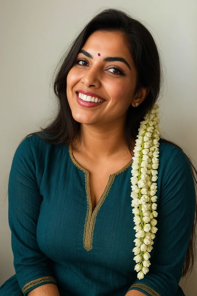 A medium shot captures a woman looking back over her shoulder with a pleasant expression and a slight smile. She has long, wavy dark hair, with a thick string of white jasmine flowers draped over her left shoulder and cascading down. She is wearing an orange saree with a gold patterned border and a matching blouse with gold embroidered motifs on the sleeves. A small red bindi adorns her forehead, and a tiny nose piercing is visible on her left nostril. Large, ornate silver earrings with red stones dangle from her ears. Several thin orange bangles are visible on her left wrist. The background is blurred, showing a window with horizontal bars on the right and a light-colored wall on the left.