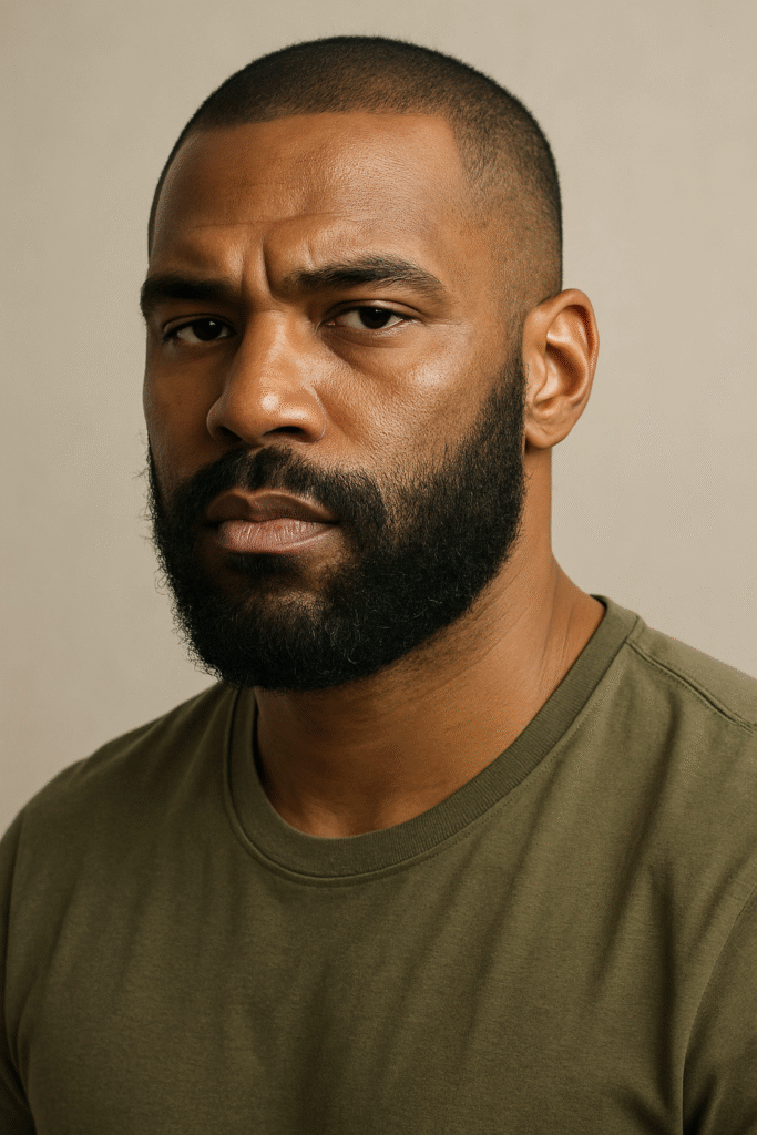 A headshot of a man with dark skin, a close-cropped buzz cut, and a full, neatly trimmed black beard, looking to his left with a serious and thoughtful expression. He is wearing a plain olive green t-shirt. The background is a solid, light grayish-brown, providing a clean and understated backdrop.
