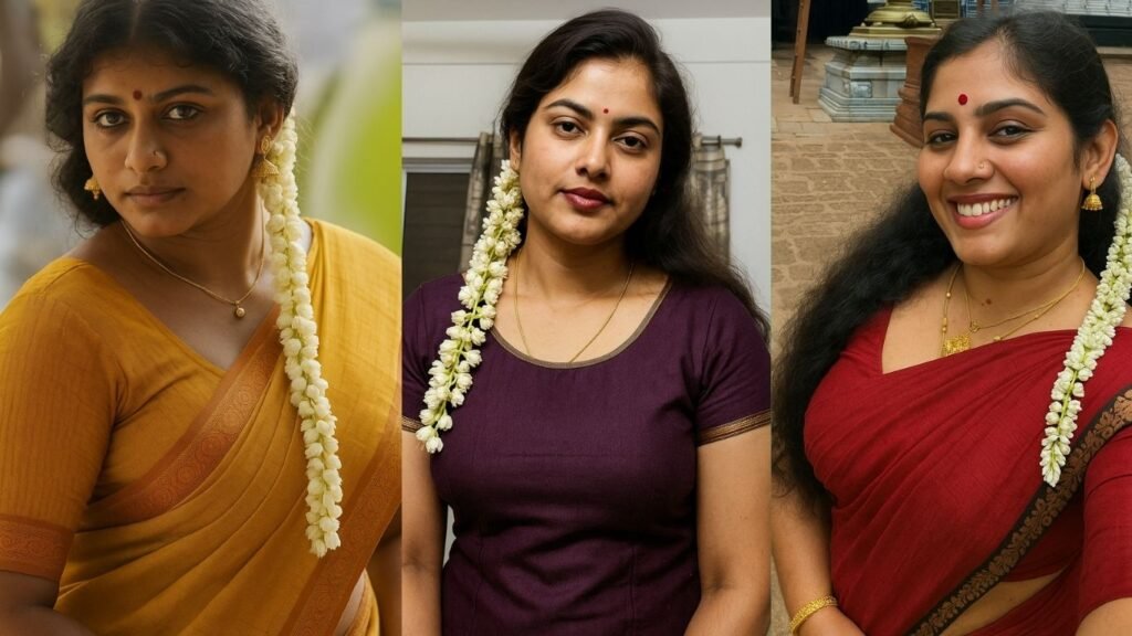 A triptych image featuring three Indian women, each adorned with white jasmine garlands in their hair. On the left, a woman in a mustard yellow sari and gold jhumka earrings looks seriously towards the viewer, a single red bindi on her forehead. In the center, a woman with dark, wavy hair wears a deep plum-colored top with gold trim, a red bindi, and a delicate gold chain, looking directly at the camera with a soft expression. On the right, a smiling woman in a red sari with a black and gold border wears gold jhumka earrings and two gold necklaces, with a red bindi and a gold nose stud.