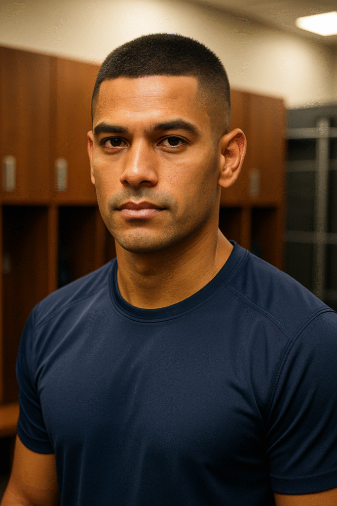 A headshot of a man with a buzz cut hairstyle, looking directly at the viewer with a serious expression. He has dark eyes and well-defined facial features. He is wearing a dark blue athletic-style t-shirt. The background is blurred, showing what appears to be wooden lockers or cabinets, suggesting a gym or locker room setting.