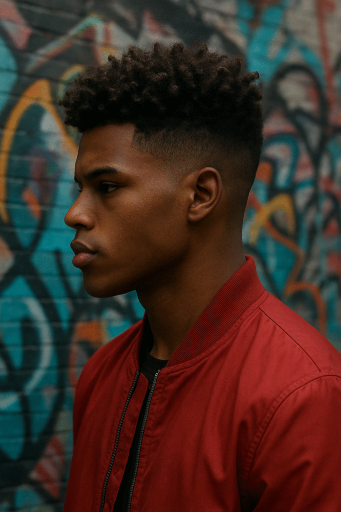 A medium shot of a young man with dark skin and a neatly faded haircut with tight curls on top, looking to his left. He is wearing a red bomber jacket. His jawline is prominent, and he has a serious or contemplative expression. The background is a blurred, colorful graffiti wall with shades of blue, orange, and white.
