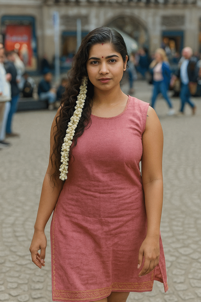A young woman with long, wavy dark hair, a red bindi on her forehead, and a long string of white jasmine flowers woven into the left side of her hair. She is wearing a sleeveless, knee-length dusty rose pink dress with a gold patterned border along the hem. She is standing outdoors on a paved surface, looking directly at the viewer with a neutral expression. Blurred people and buildings are visible in the background, suggesting a city street or plaza.