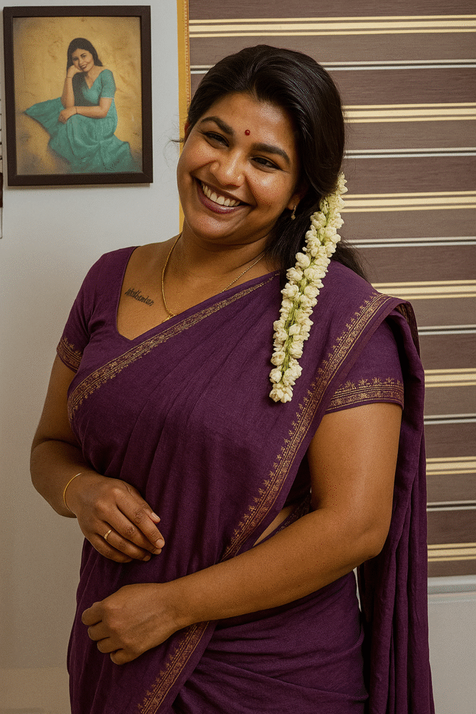 A smiling woman with dark hair pulled back, looks directly at the viewer. A long string of white jasmine flowers is draped over her right shoulder. She is wearing a deep purple saree with a subtle gold patterned border and a matching purple blouse. A thin gold chain with a small pendant is around her neck, and a small red bindi is on her forehead. Her left hand, adorned with a gold ring and bracelet, is visible at the bottom of the frame. In the upper left corner, a framed picture of a woman in a green outfit is visible. The background features vertical blinds.